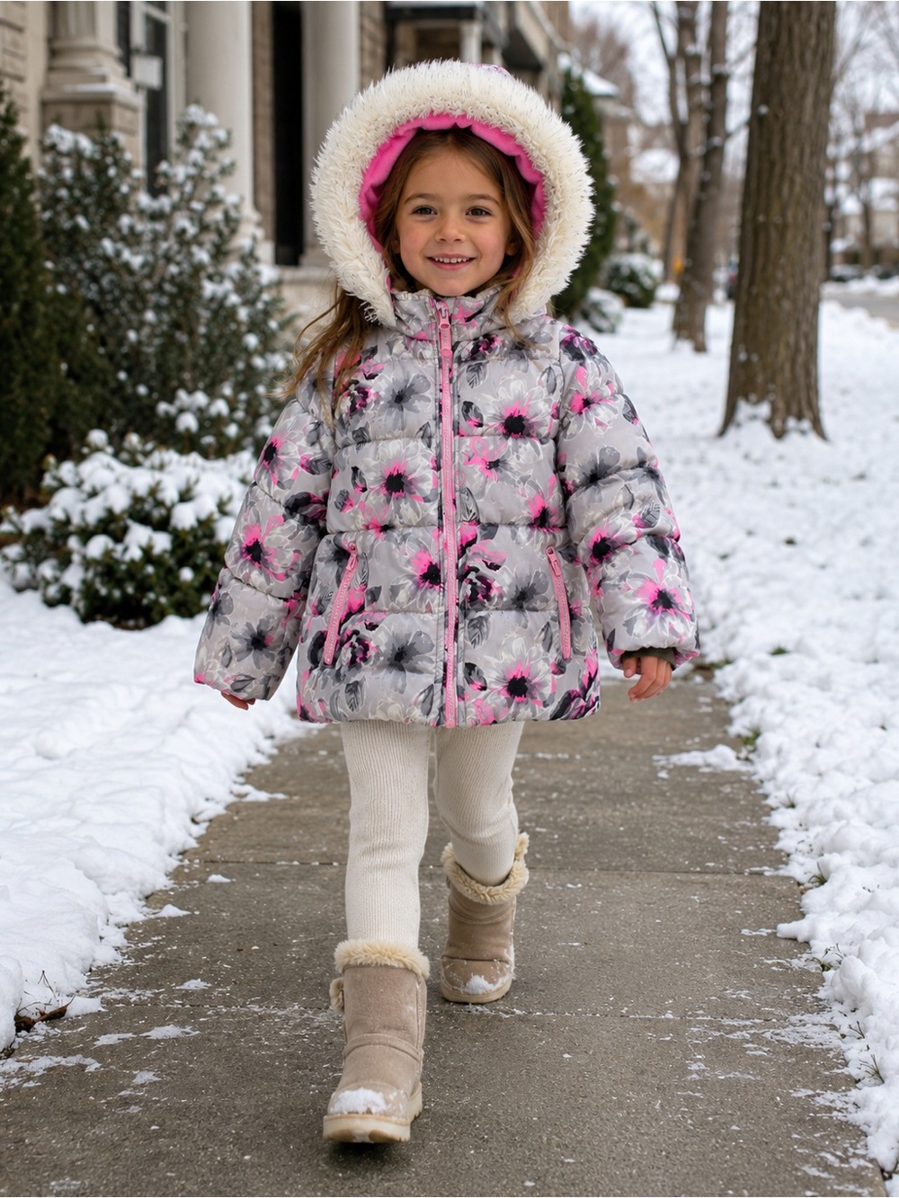 OshKosh Girls 4T Floral Puffer Winter Jacket Pink Fleece Fur Hood
